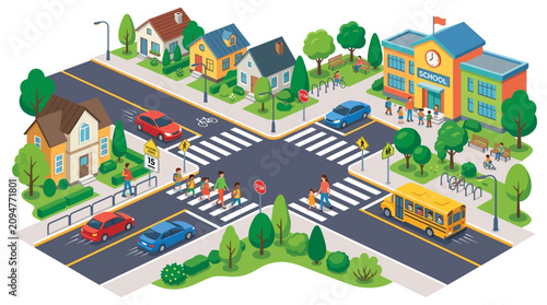 Isometric intersection with school, houses, cars, and people crossing street