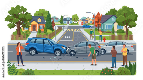 Car Crash Scene: Wrecked Vehicles & Concerned People on Suburban Street