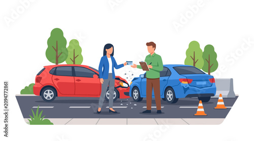 Car Accident Scene with Insurance Agent and Woman Exchanging Cards