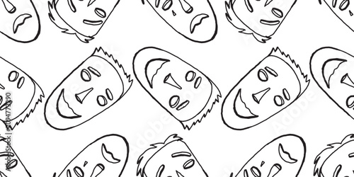 Schilderij op canvas Emotion masks seamless pattern, sadness and glad, contour hand drawn, vector bac