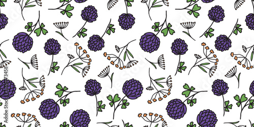 Purple clover, umbrella plants seamless pattern, outline hand drawn vector background, wallpaper, paper, fabric, textile