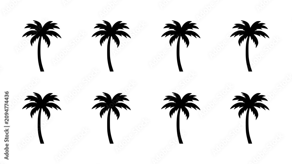 Fototapeta premium Palm Trees in a 4x2 Grid Pattern, Black Silhouettes on a White Background Featuring Tree, Silhouette, Tropical with Beach