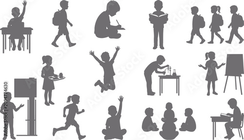 Bild auf Leinwand School Children Silhouettes Set - Students Learning Classroom Activities Vector