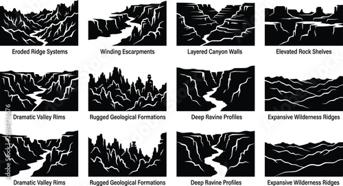 Canvas Print Collection of various dramatic canyon, valley, and rugged mountain landscape sil