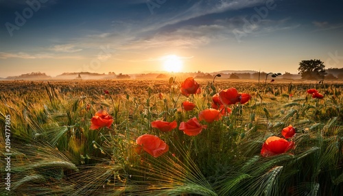 Beautiful Poppies In A Wheat Field On Sunrise
