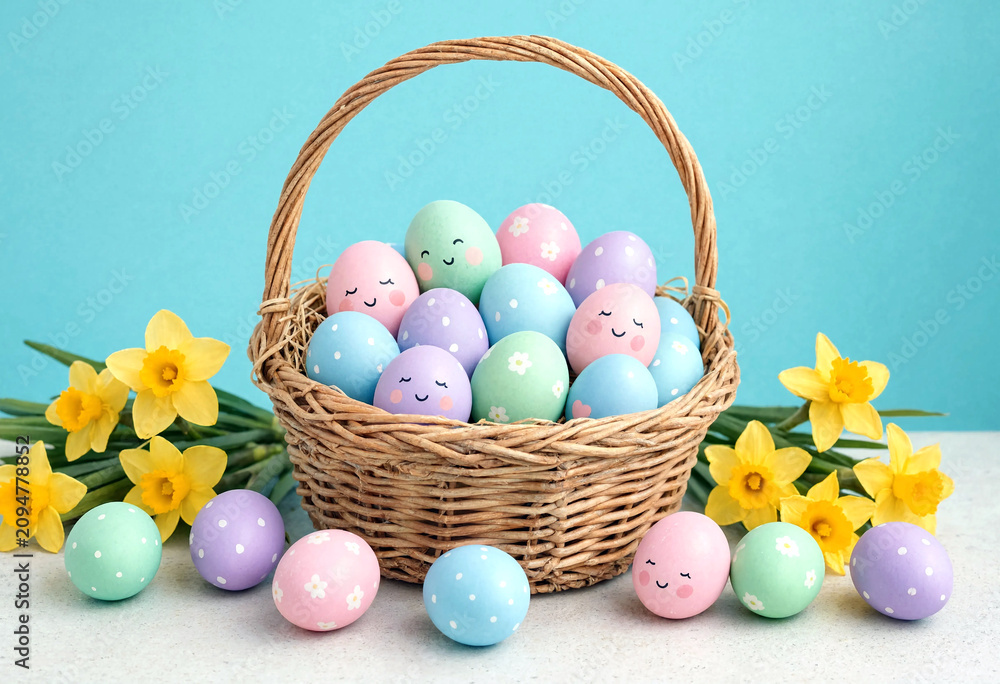 Fototapeta premium Colorful easter eggs with cute faces in a basket surrounded by cheerful daffodil flowers display