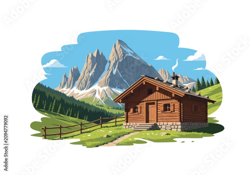 Vector illustration of a wooden alpine cabin in the Dolomite mountains with jagged peaks, evergreen forest, green meadow, rustic fence, and stone foundation on a white background.