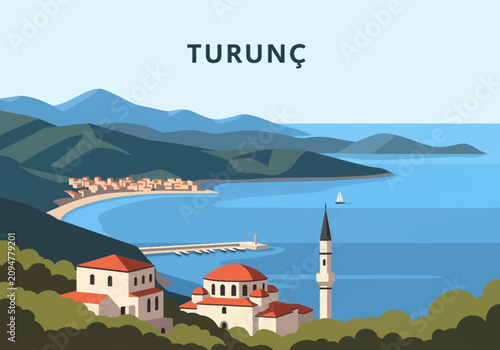 Flat vector landscape of Turunç bay, Turkey, featuring the Aegean Sea coastline, a mosque with minaret, harbor pier, coastal town, and green mountains under a clear blue sky.