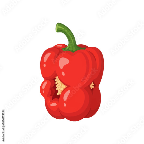 Vector illustration of a misshapen organic red bell pepper with a natural cleft showing internal seeds, isolated on white background, representing natural growth and food waste reduction.