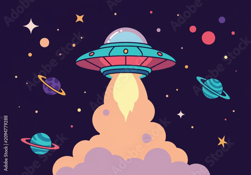 Colorful cartoon UFO spaceship with glass dome flying through dark outer space emitting exhaust trail, featuring planets with rings, distant stars, and celestial bodies in vector style.