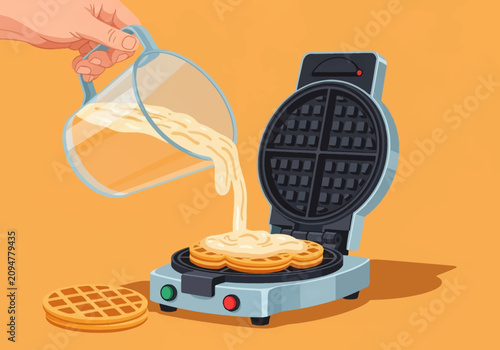Vector illustration of a hand pouring liquid batter from a transparent measuring jug into an open electric waffle iron, preparing breakfast on a warm orange background.