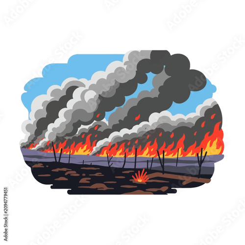 Flat vector illustration of a raging wildfire with intense orange flames, heavy billowing smoke plumes, charred tree silhouettes, and scorched earth against a blue sky background.