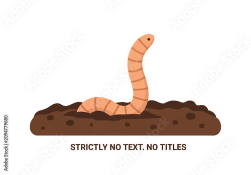 Pink segmented earthworm crawling out of dark brown organic soil or compost pile vector illustration, isolated on white background, focusing on garden ecology and soil aeration.