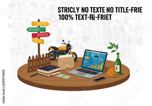Vector illustration of a round wooden table with a laptop showing data charts, yellow motorcycle, stack of cash, books, signpost, and various office objects against a city backdrop.