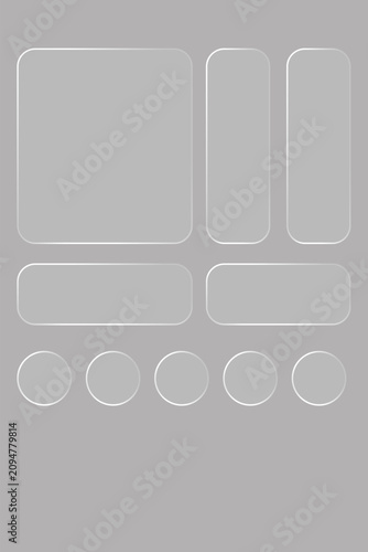Glass liquid ui button set with transparent 3d effect - rectangle frame box elements in various sizes and proportions, glossy morphism style borders for modern interface design on light background.