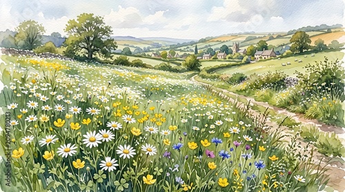 vibrant wildflower meadow, green rolling hills, sunny landscape, floral scenery