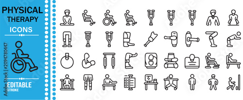 Physiotherapy Treatment and Patient Recovery Line Icon Set