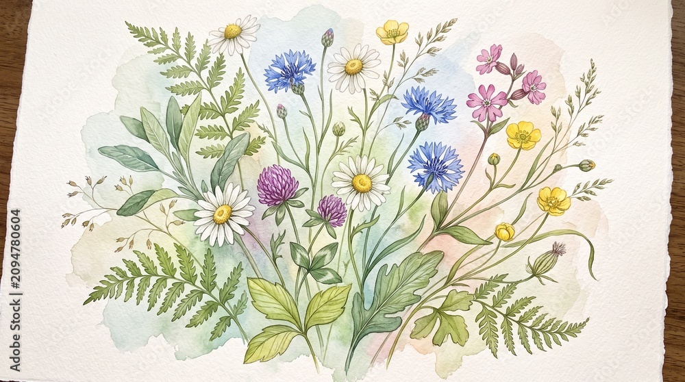 Obraz premium Watercolor wildflowers, colorful botanical illustration, floral arrangement, garden blooms