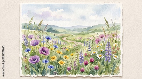 Watercolor wildflowers, colorful meadow, green hills, floral landscape