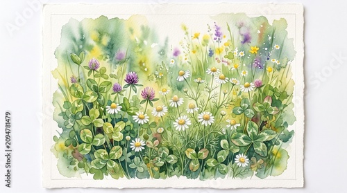 Watercolor wildflowers, colorful floral painting, green grass, vibrant blooms