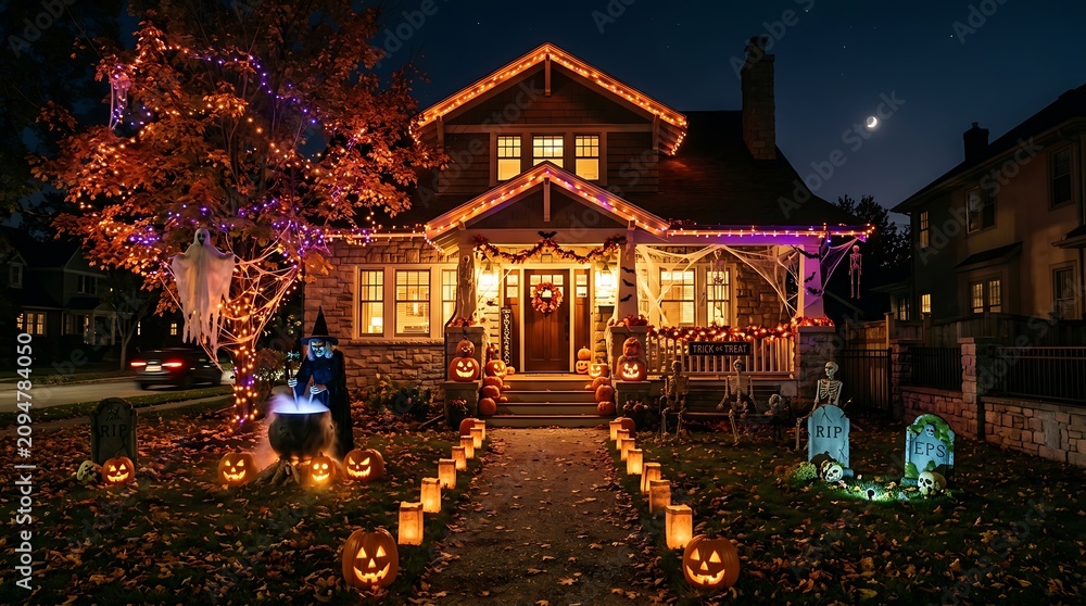 Obraz premium Spectacular halloween house exterior glowing jack o' lanterns spooky decorations and festive nighttime curb appeal
