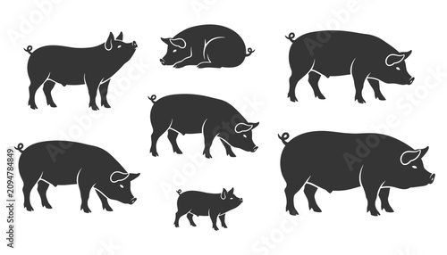 Set of seven black silhouettes of pigs in various poses including standing, lying, and walking on a plain white background.