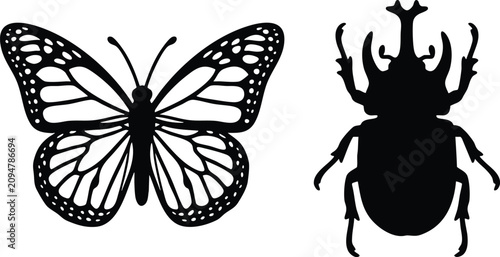 Bild auf Leinwand Black and white vector illustration depicting an elegant monarch butterfly and a