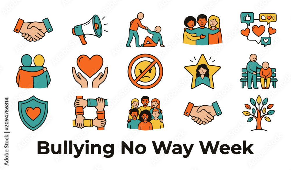 Naklejka premium Collection of Anti-Bullying and Support Vector Icons for 'Bullying No Way Week' Campaign