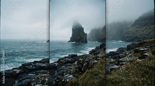 Misty seascape with rugged coastline and rocky outcrop