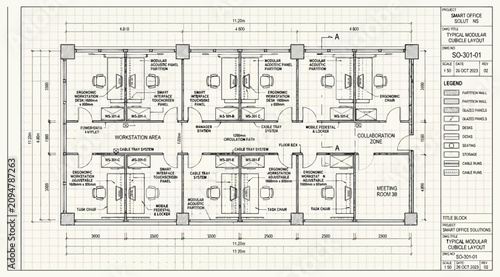 Architectural floor plan of a modern office layout with modular cubicle workstations and collaboration zones