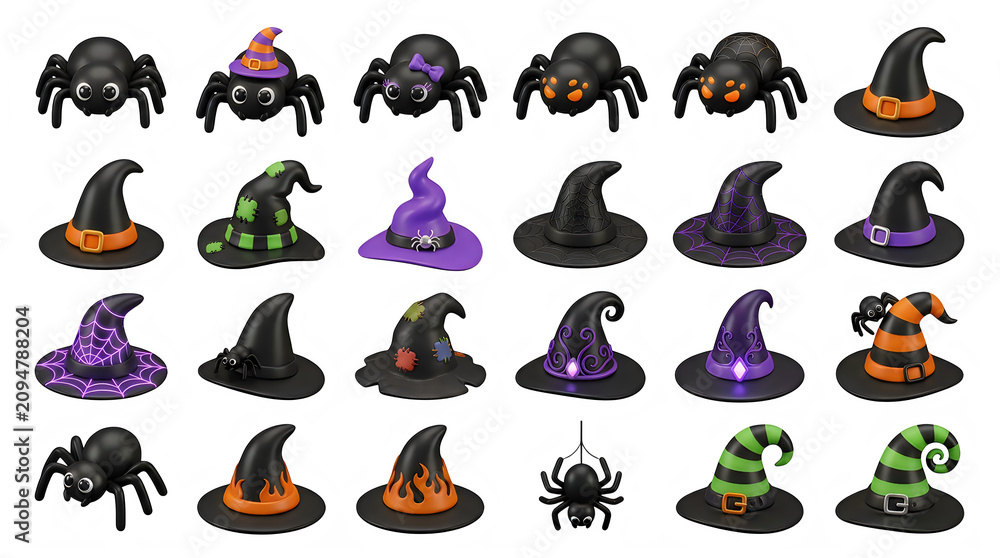Obraz premium Halloween witch hats and spiders in flat design. Cute cartoon icons of black hats, purple hats, and creepy crawlies. Vector set for seasonal market...
