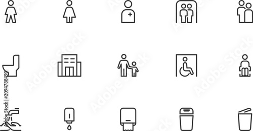 Public facilities and accessibility line icons collection with restroom elevator wheelchair signage and navigation symbols vector illustration set