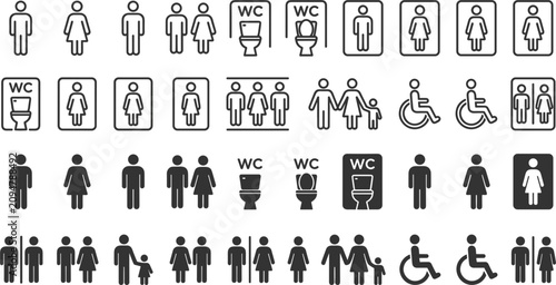 Restroom and accessibility icons collection with male female family wheelchair WC signs and public facility vector illustration set