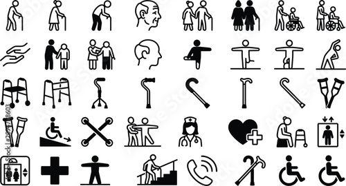 Elderly care and rehabilitation medical icons collection with senior assistance mobility aids healthcare and accessibility vector illustration set