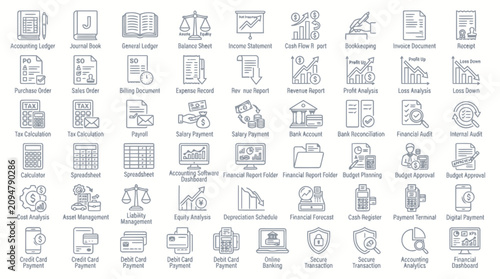 Detailed financial and accounting document icons for record keeping.