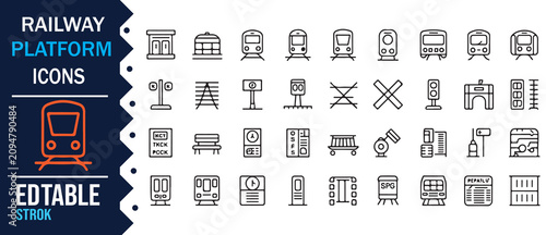 Railway Platform and Train Station Editable Outline Icon Set