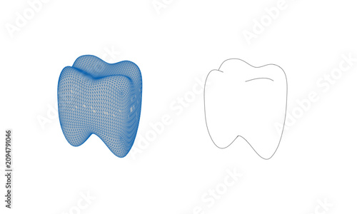 Professional 3D Wireframe Mesh Rendering and Minimalist Line Art Outline of a Human Molar Tooth for Stomatology and Orthodontics Concepts