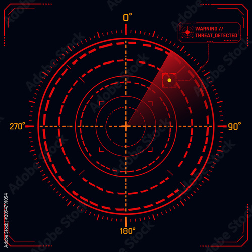 Konstfotografi Red neon Sci-Fi HUD radar vector illustration with target locked warning screen