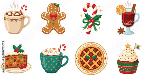 Christmas Food and Drink Icon Set – Hot Chocolate, Gingerbread, Pie, Cupcake Vector Illustrations