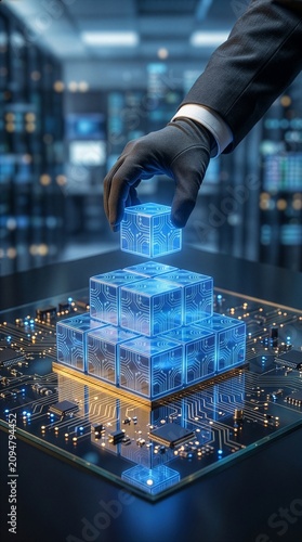 Gloved hand of IT expert constructing pyramid structure using glowing blue neon digital tech cubes on advanced computer motherboard