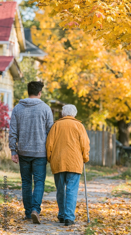 Obraz premium A young person walks hand-in-hand with an elderly individual down a leafy, autumn path, surrounded by vibrant yellow foliage.