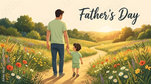 Father and child walking on sunny meadow path