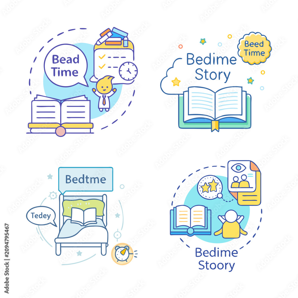 Naklejka premium Cartoon reading time activities for kids - Colorful cartoon icons showing bedtime reading routines and cozy story activities for children.