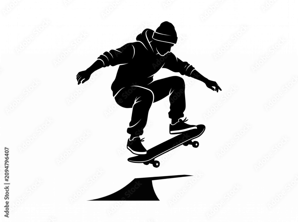 Obraz premium Skateboarder Performing Ollie Jump Trick Silhouette Vector Illustration
