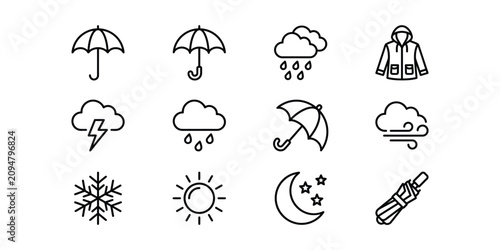 Set of simple outline weather and season icons.