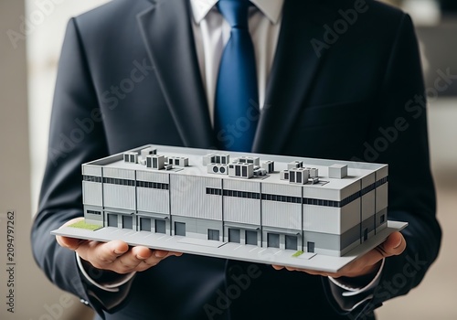 A businessman in a dark suit and blue tie holding a detailed architectural scale model of a large gray industrial warehouse building facility
