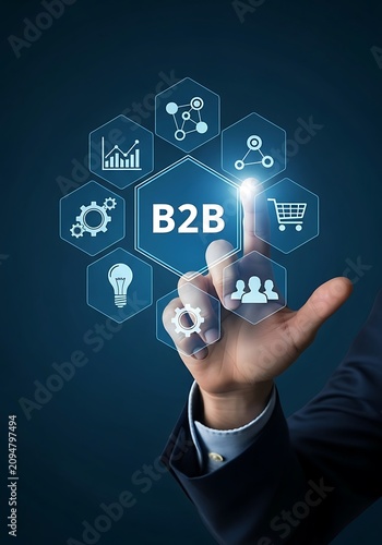 A businessman touching a digital b2 b interface with hexagonal representing business, commerce, networking, and technology on blue background