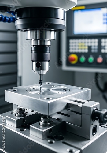 A computer numerical control milling machine drills a hole into a square metal block clamped in a vise on a workbench in a factory workshop