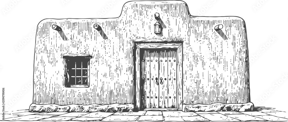 Fototapeta premium adobe building exterior with wooden door and window engraved illustration