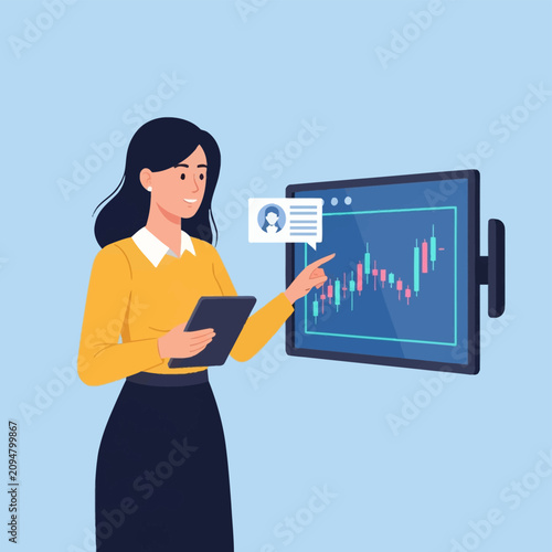 Vector illustration of a professional woman analyst in a yellow shirt examining stock market candlestick charts on a large digital monitor while holding a tablet device.